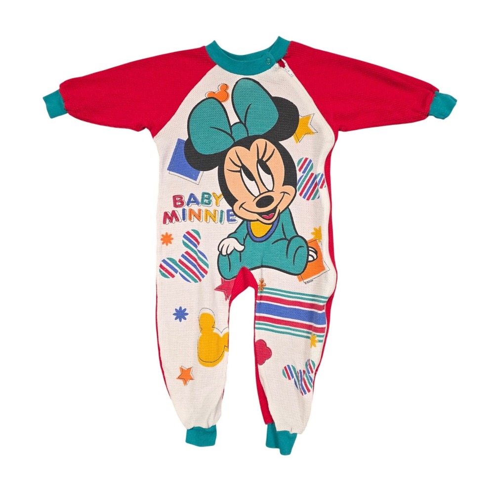 Vintage 90s Disney Babies Romper Unisex 24M Red Minnie Mouse Waffle Knit Thermal